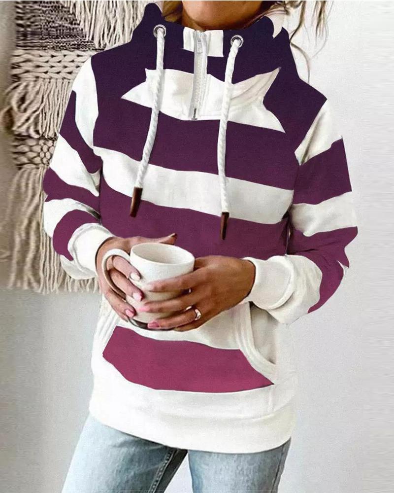 

Ombre Striped Print Long Sleeve Drawstring Hoodie, Purple