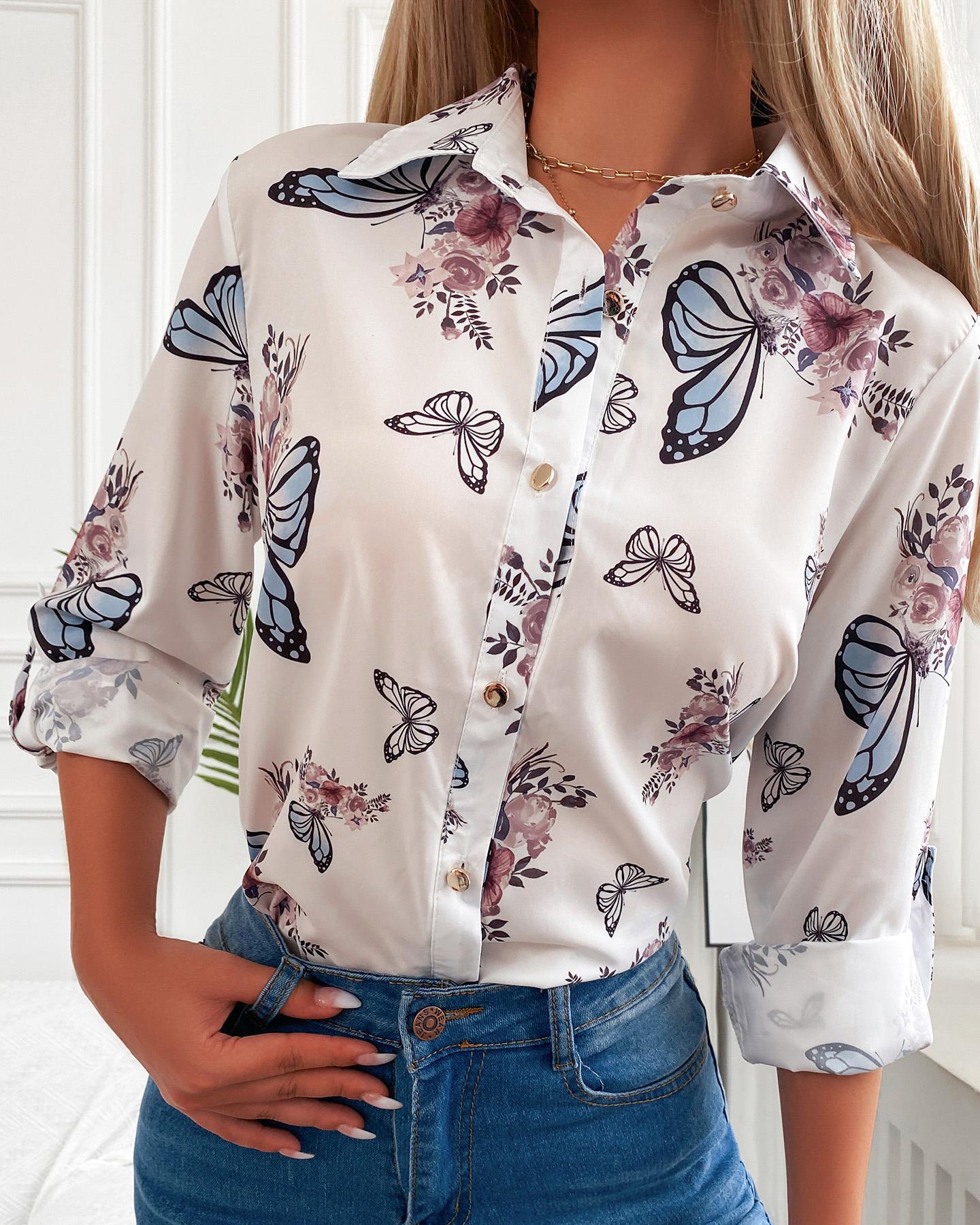 

Butterfly Floral Print Button Front Casual Shirt, White
