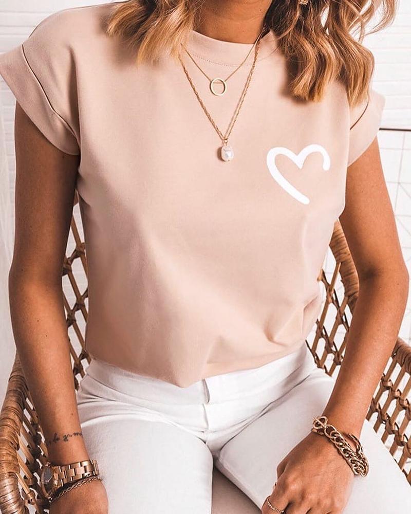 

Round Neck Heart Print T-shirt, Light pink