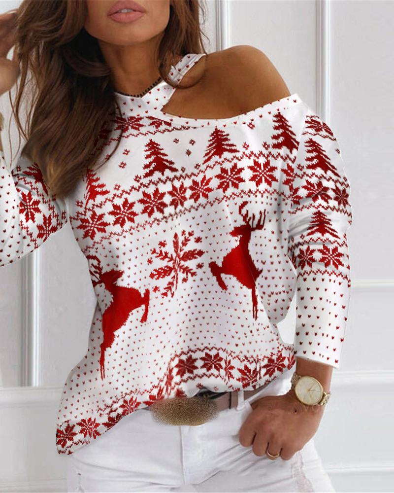 

Christmas Cold Shoulder Long Sleeve Top, Red