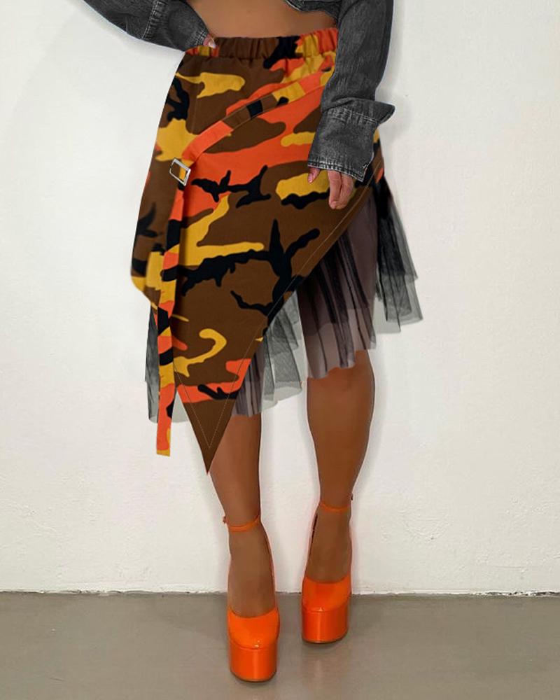 

Camouflage Print Contrast Mesh Asymmetrical Skirt, Orange