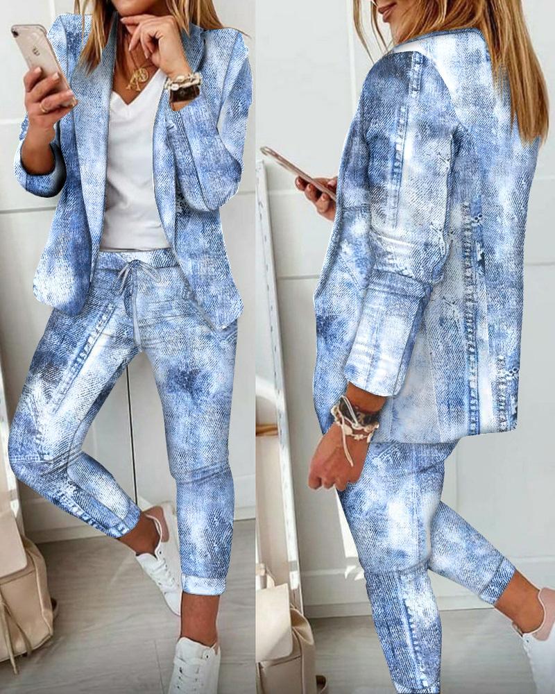 

Denim Look Print Shawl Collar Blazer & Pants Set, Blue