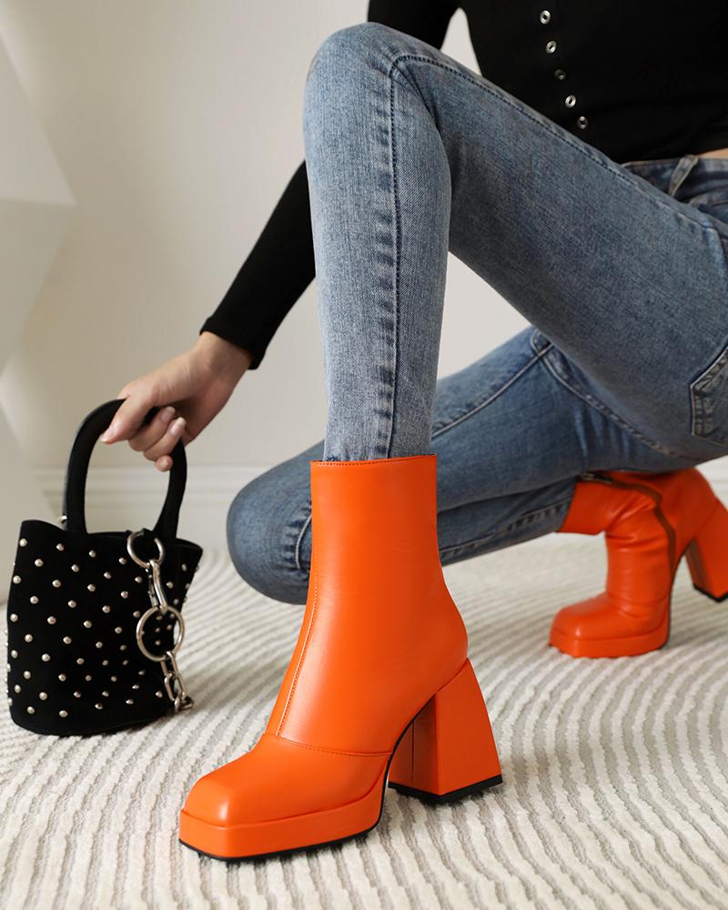 

Womens Wax Finish Square Toe Patchwork High Heels Boots, Orange