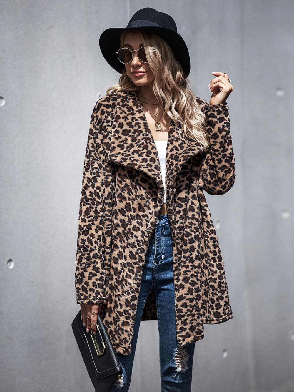 

Leopard Print Long Sleeve Teddy Coat, Coffee