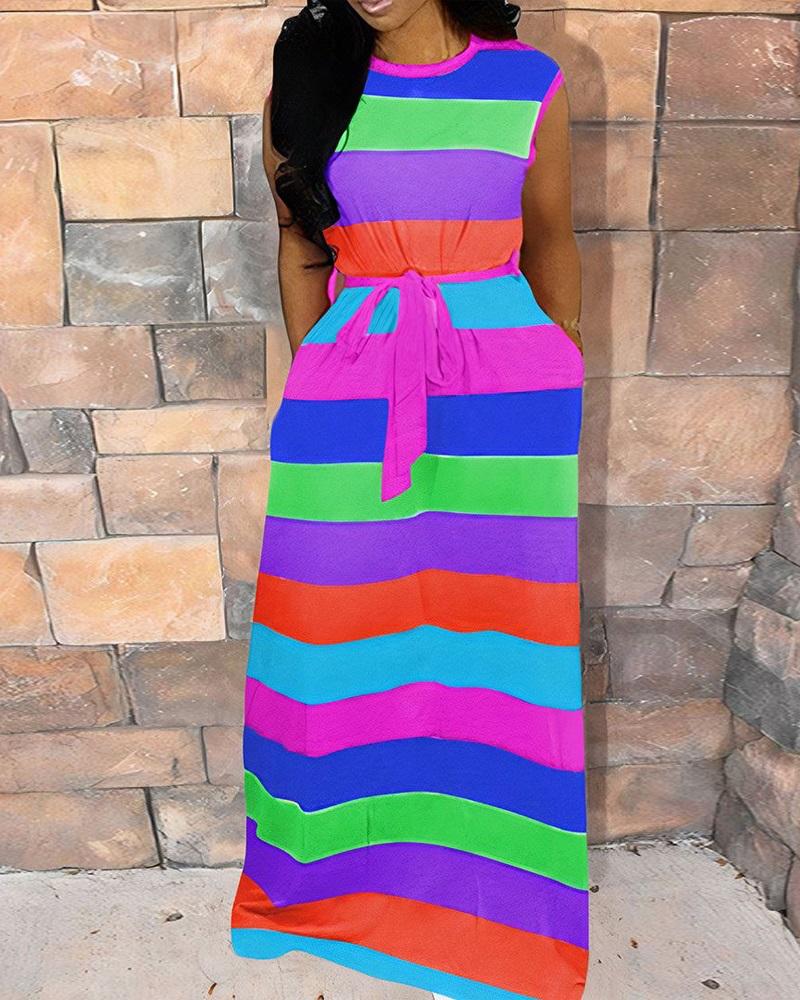 

Striped Colorblock Sleeveless Casual Dress, Green