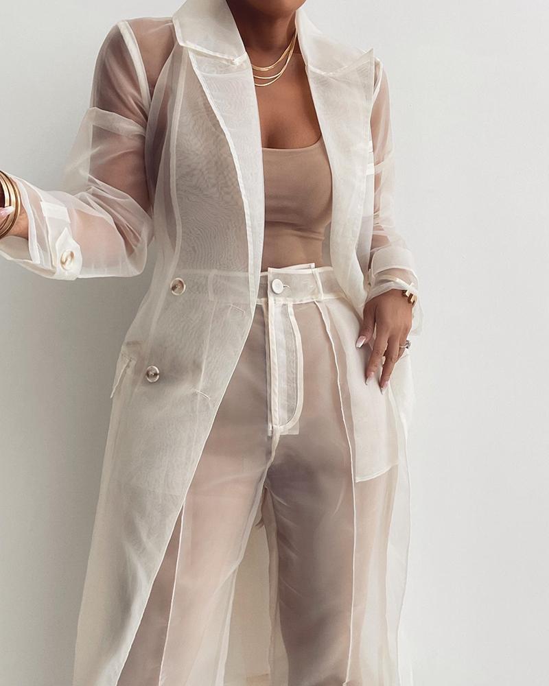 

Sheer Mesh Button Decor Coat With Belt, White