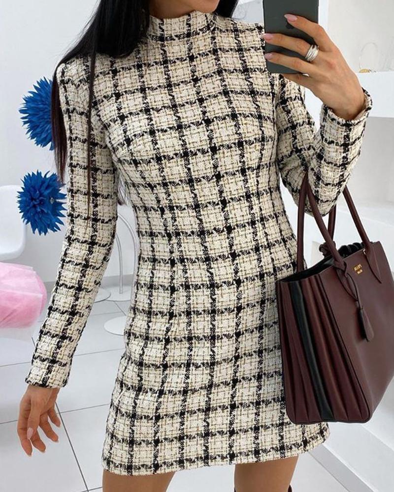 Mock Neck Grid Print Dress