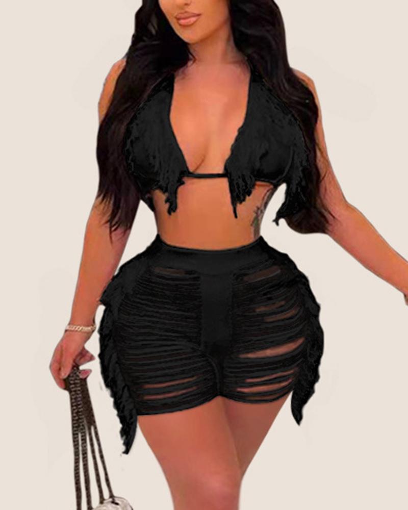 

Tassel Design Bikini Top & Ladder Cutout Shorts Set, Black