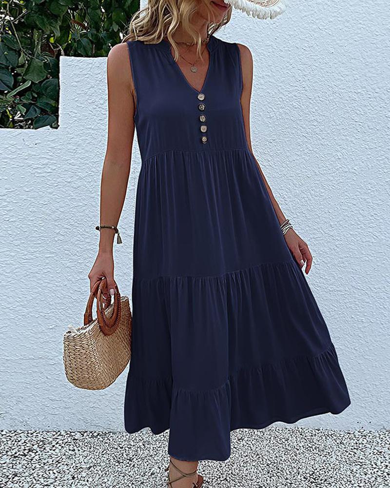 

Buttoned Ruched Smock Casual Dress, Purplish blue