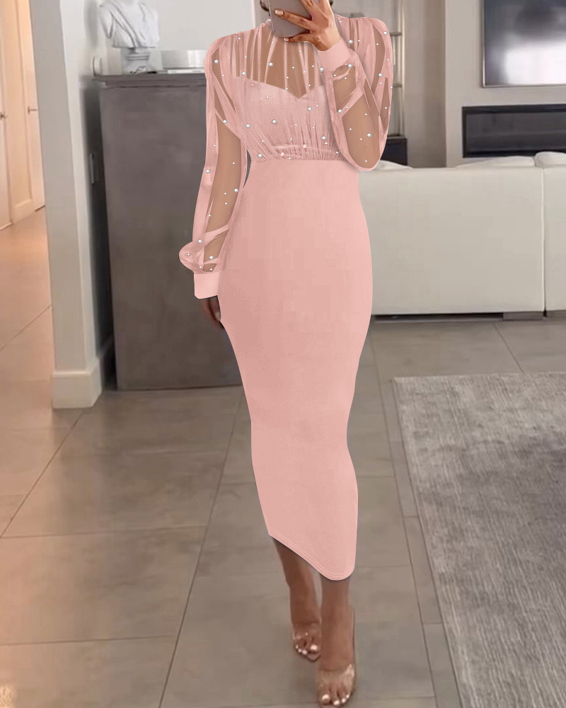 

Sheer Mesh Patch Beaded Bodycon Dress, Pink