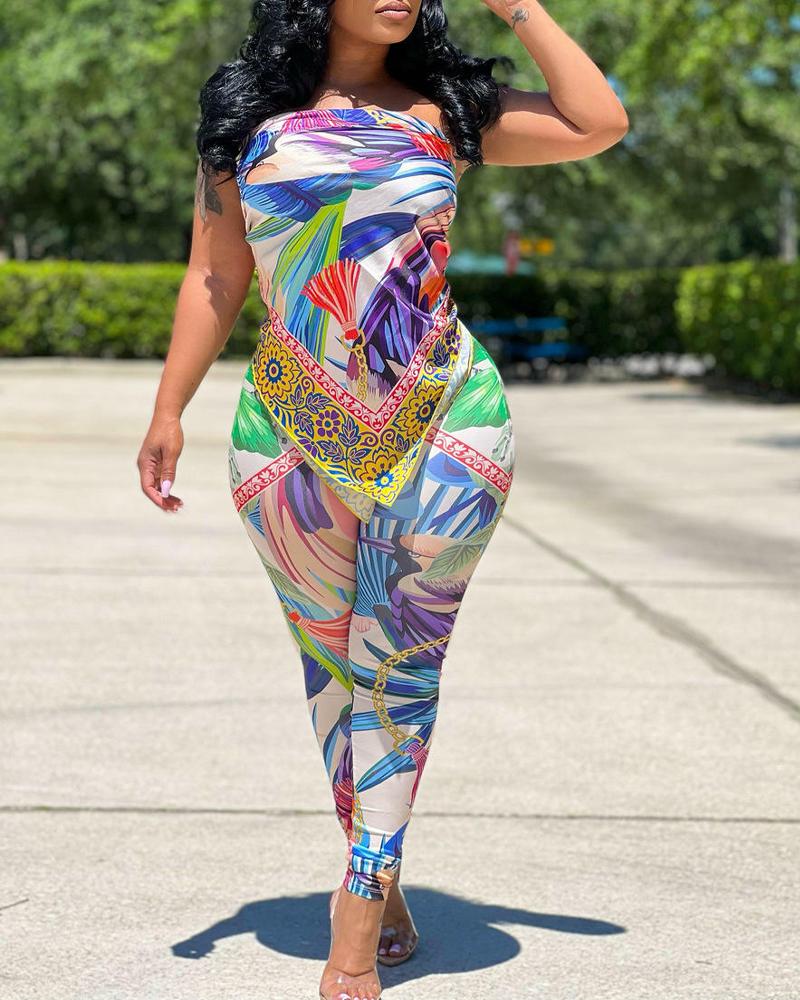 

Multi-way Wear Scarf Print Top & Pants Set, Multicolor