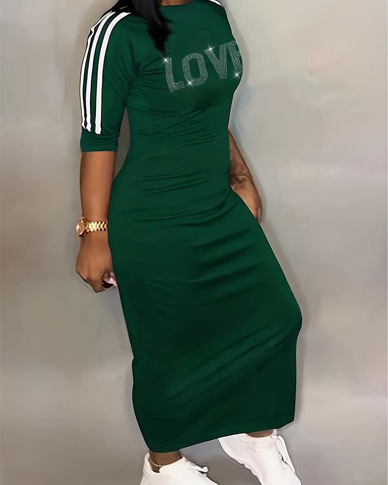 

Plus Size Striped Rhinestone Love Pattern Casual Dress, Dark green