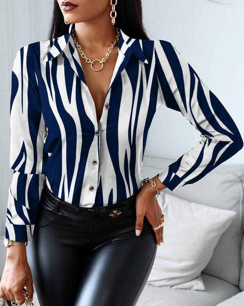 

Striped Print Long Sleeve Button Up Top, Style1
