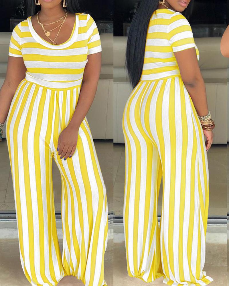 

Striped Print Short Sleeve Wide Leg Jumpsuit, Yellow