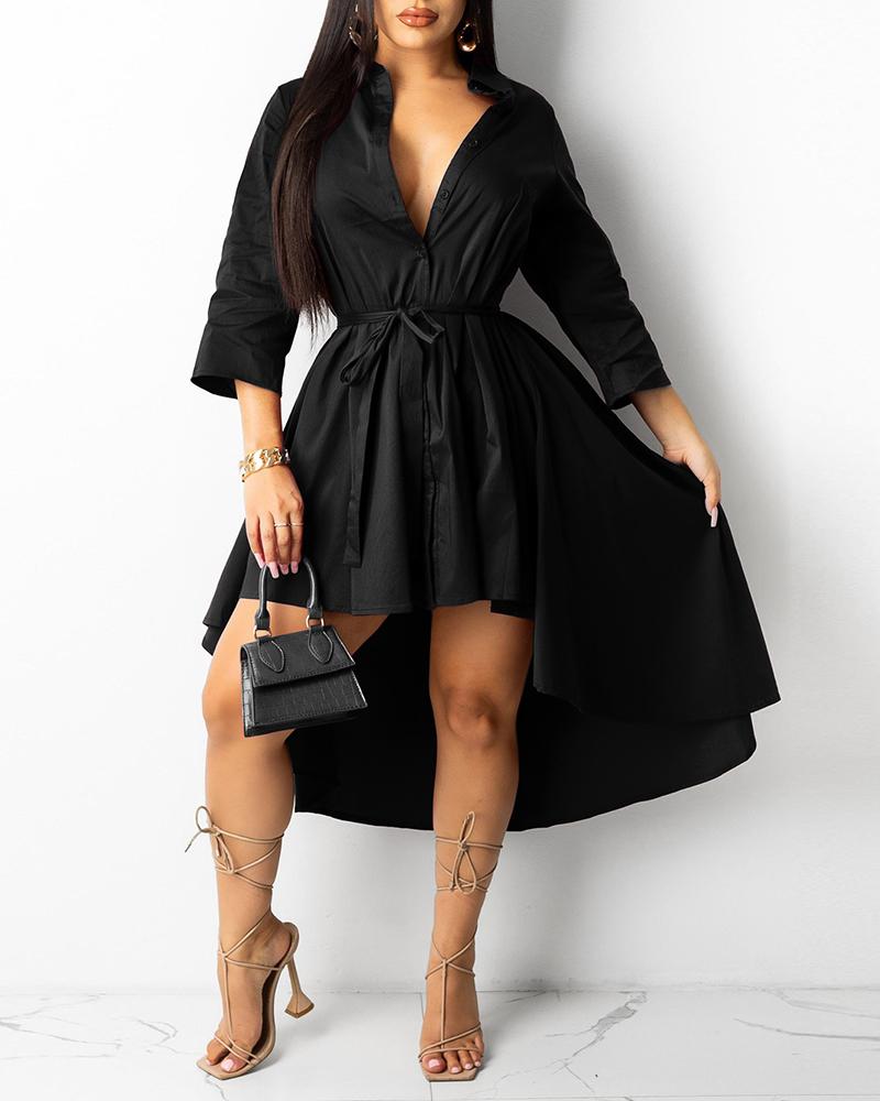 

Button Design Dip Hem Shirt Dress, Black
