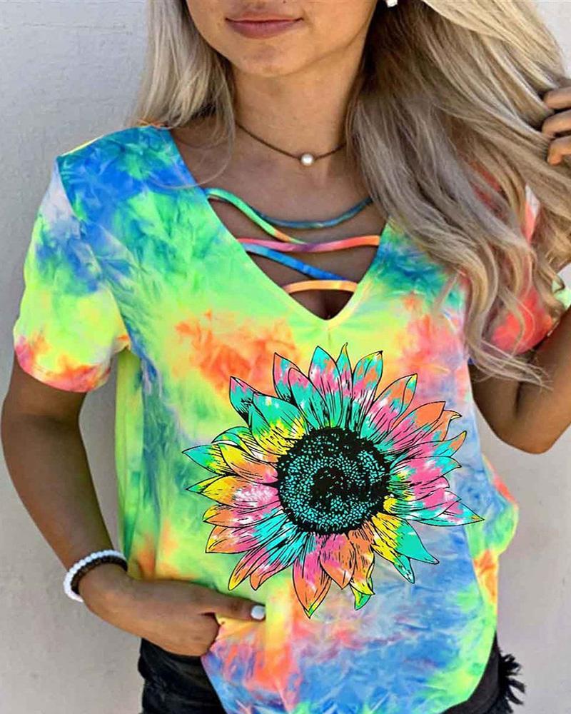 

Sunflower Print Colorblock Short Sleeve Casual T-shirt, Blue