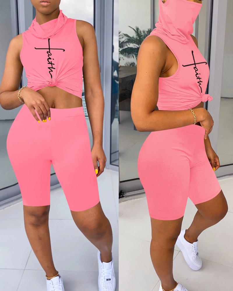 

Faith Print Sleeveless High Neck Top & Shorts Set, Hot pink