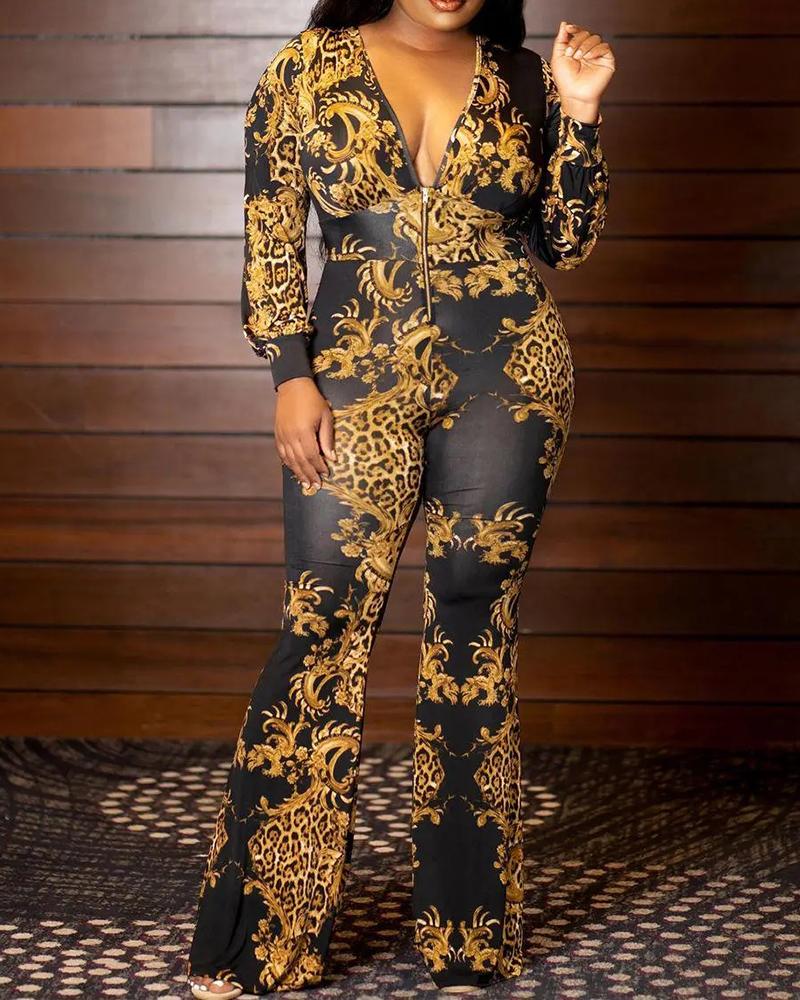 

Baroque Print Zipper Design Long Sleeve Jumpsuit, Multicolor