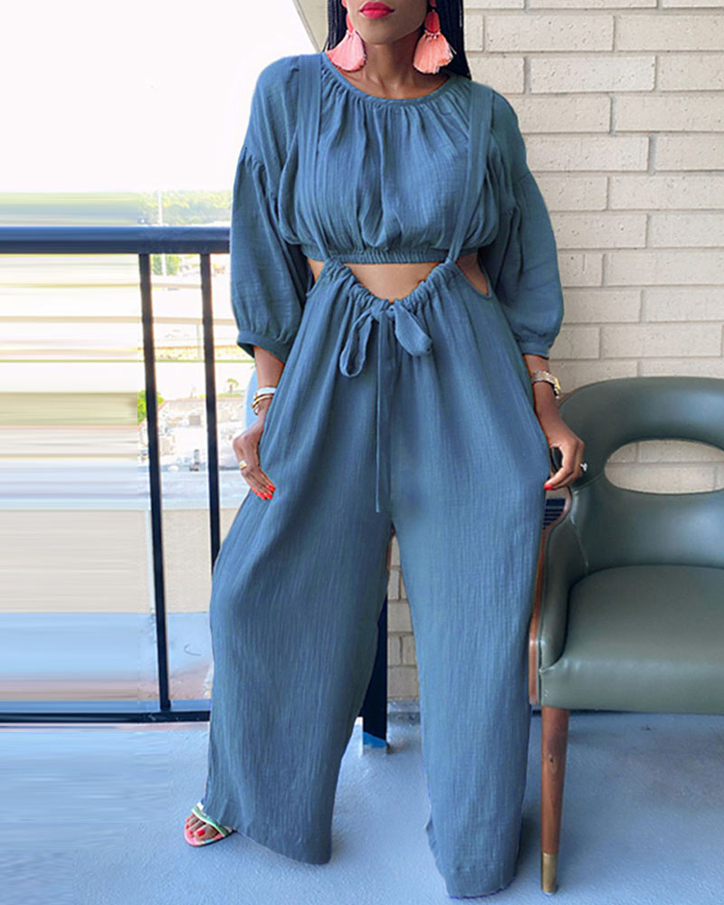 

Ruched Crop Top With Tied Detail Suspender Jumpsuit, Blue