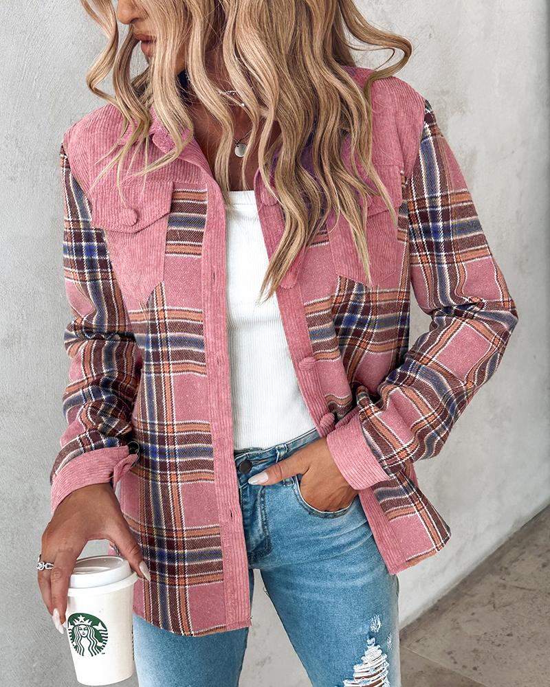 

Colorblock Plaid Print Buttoned Corduroy Shacket, Pink