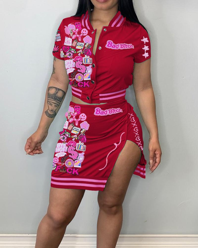 

Cartoon Graphic Letter Pattern Baseball Coat & Skirt Set, Red