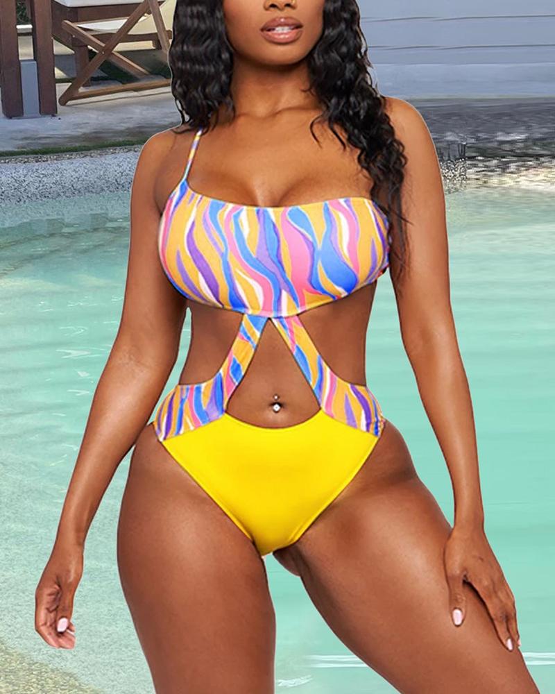 

Abstract Print Cutout One Piece Swimsuit, Yellow