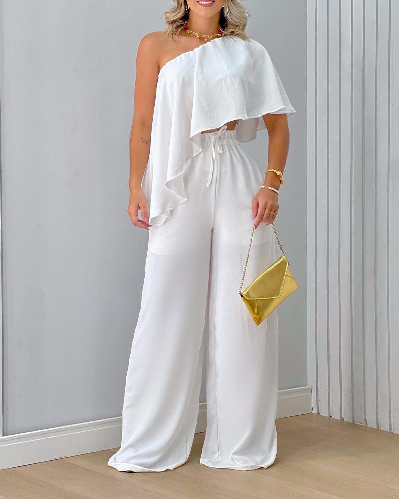 

One Shoulder Ruffle Hem Asymmetrical Top & Pants Set, White