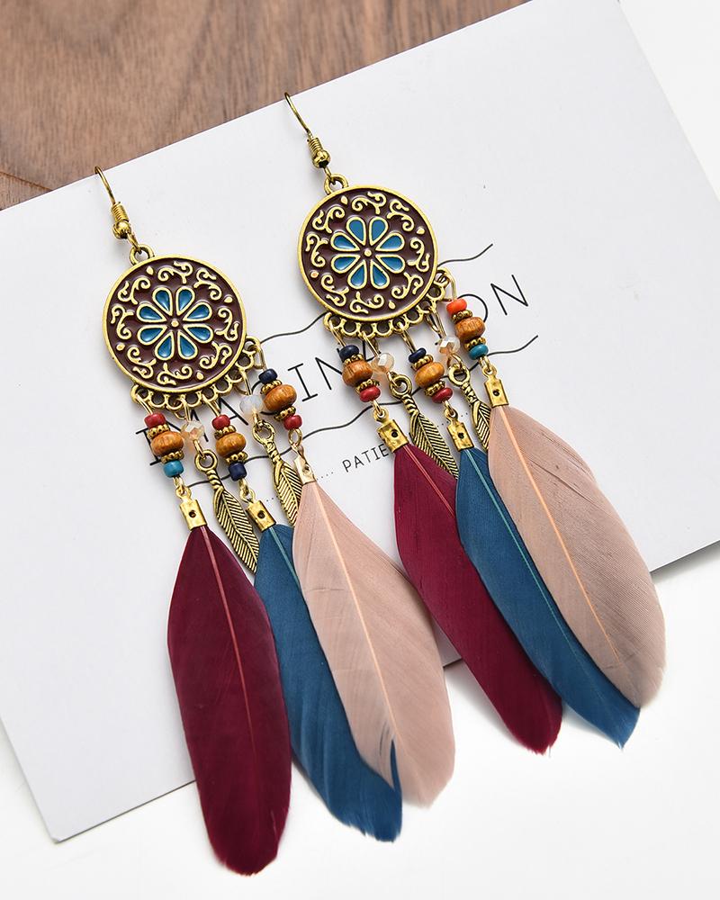 

1Pair Clan Feather Decor Tribal Pattern Retro Hoop Earrings, Blue