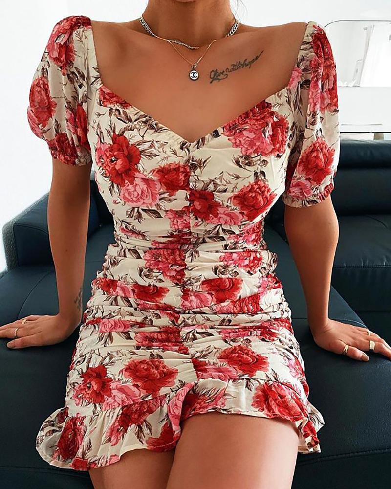 

Floral Print Ruched Casual Dress, Red