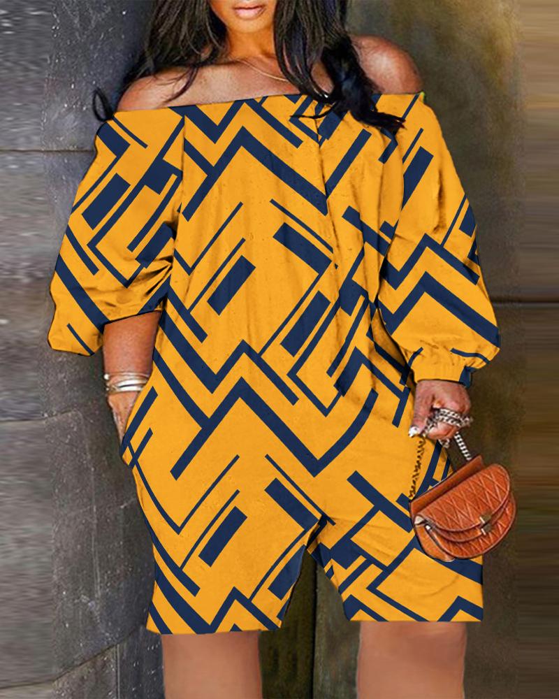 

Plus Size Geometric Print Off Shoulder Casual Romper, Orange