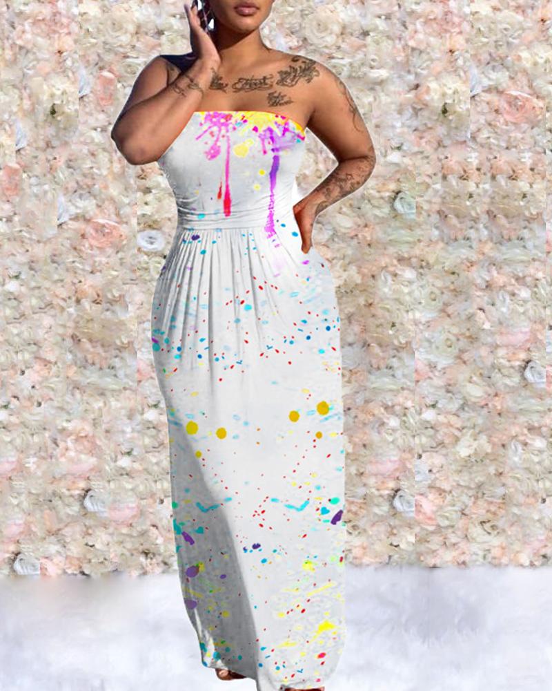 

Ink Splash Print Bandeau Ruched Maxi Dress, White