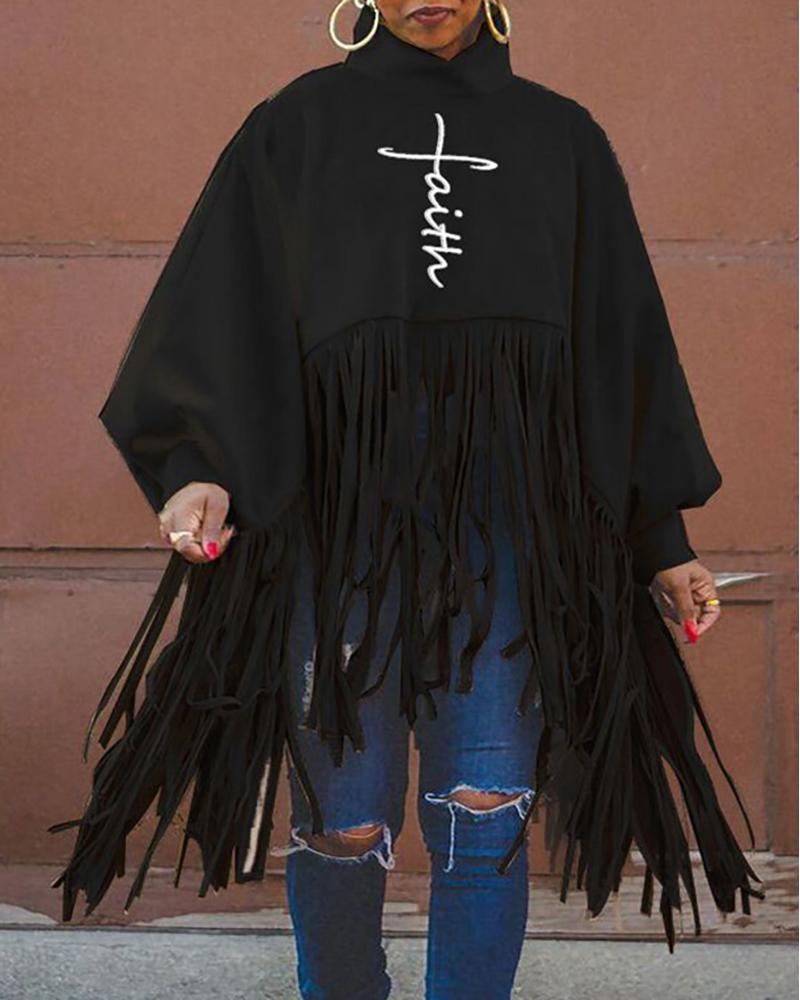 

High Neck Letter Print Lantern Sleeve Tassel Design Top, Black