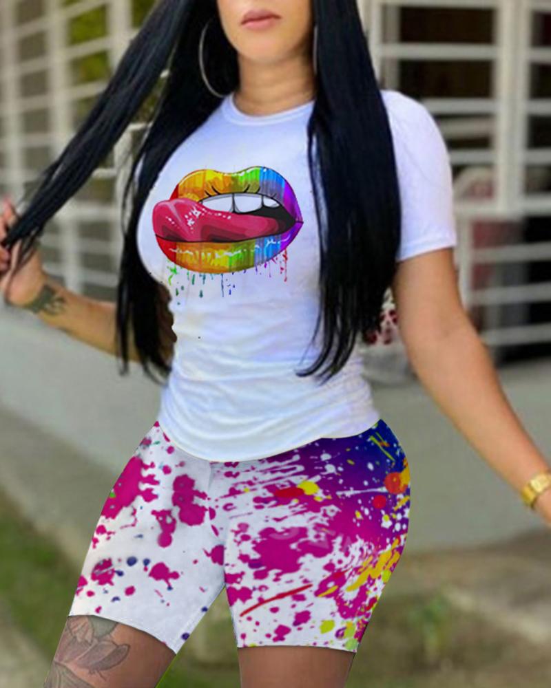 

Lip Print Short Sleeve Top & Ink Splash Print Shorts Set, White