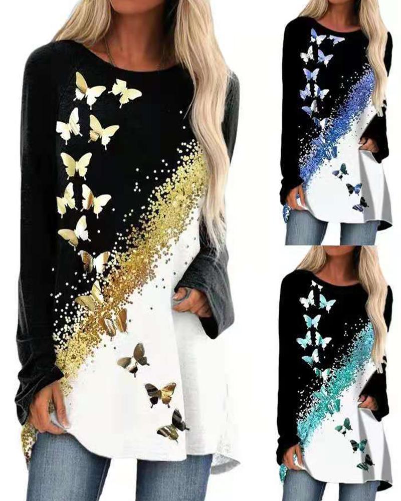 

Long Sleeve Butterfly Print Colorblock Top, Gold
