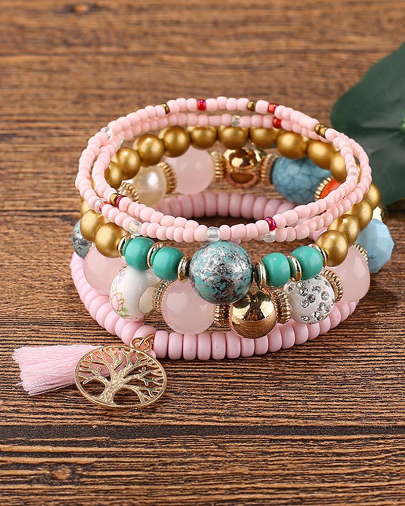 

1pc bohème perlé évider géométrique gland multicouche bracelet, Pink