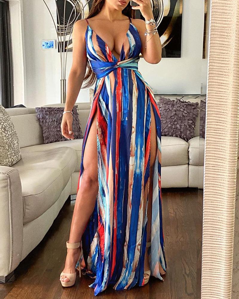 

Striped Print Colorblock High Slit Maxi Dress, Multicolor