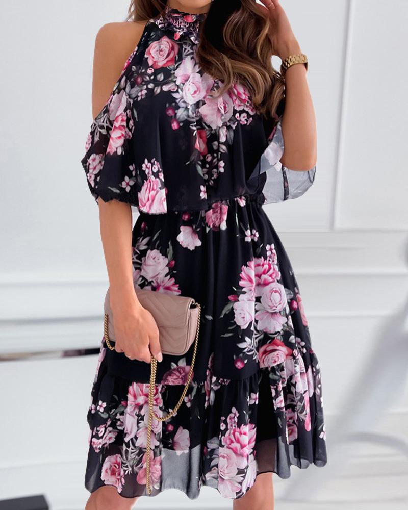 

Cold Shoulder Ruffle Hem Floral Print Casual Dress, Black