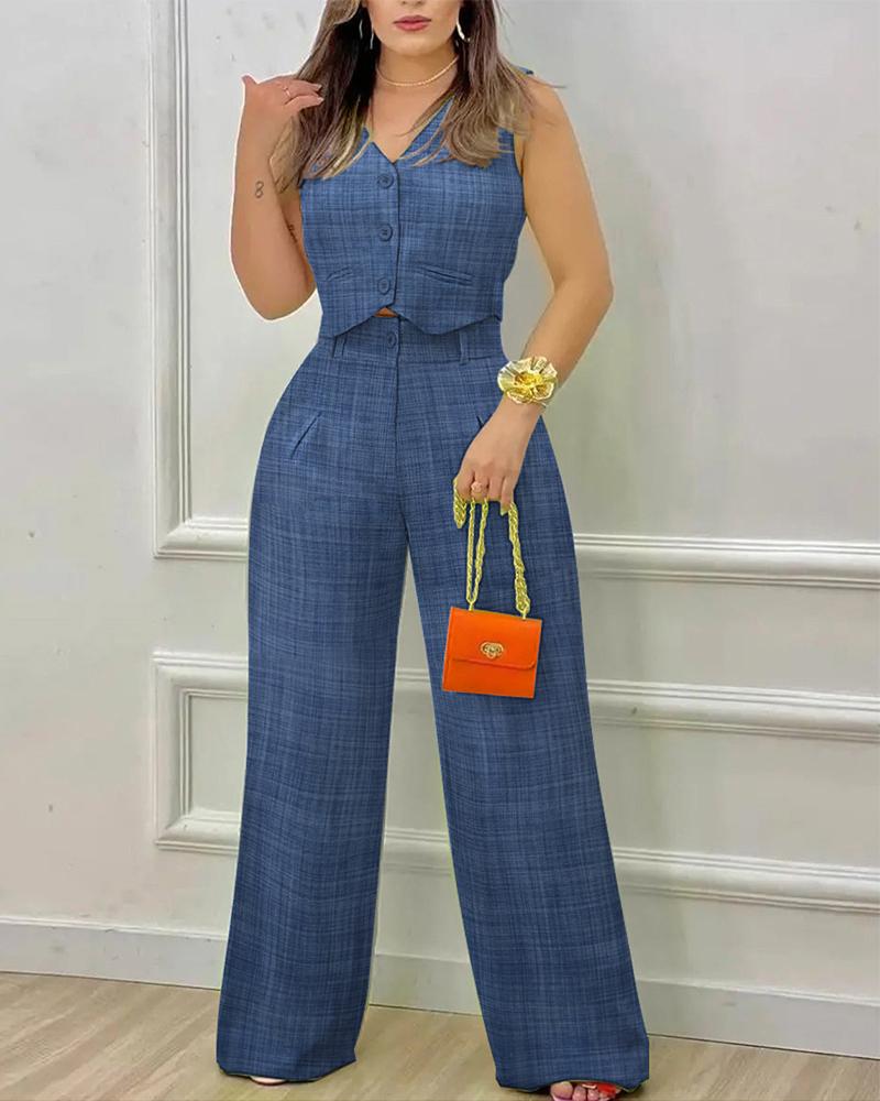 

Sleeveless Buttoned Crop Top & High Waist Pants Set, Blue
