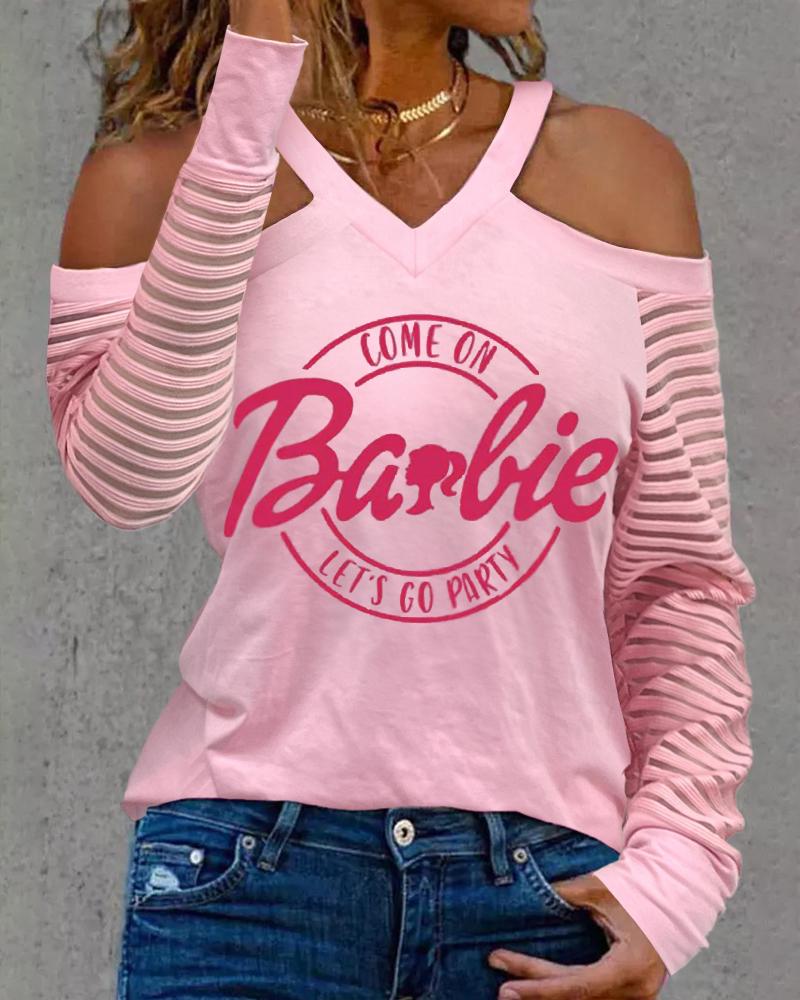 

Barbie Letter Print Striped Cold Shoulder Top, Pink