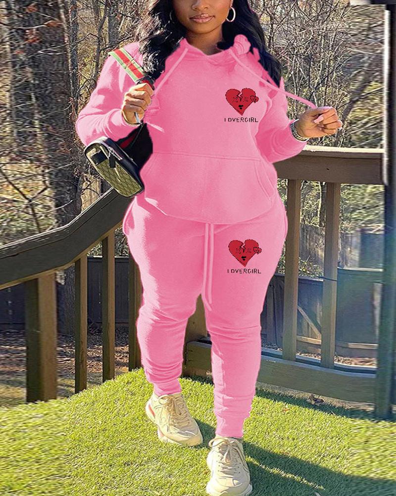 

Plus Size Heart Letter Print Casual Hoodie & Pants Set, Pink