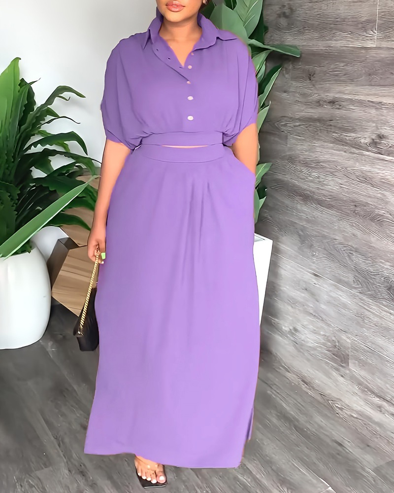 

Button Front Puff Sleeve Top & Slit Maxi Skirt Set, Purple