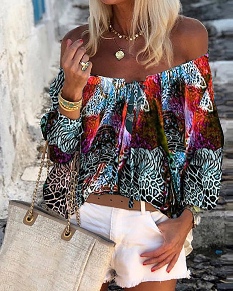 

Off Shoulder Peacock Print Tied Front Casual Blouse, Red