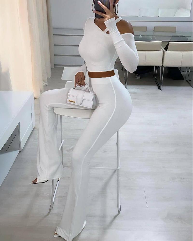 

One Shoulder Long Sleeve Crop Top & Pants Set, White