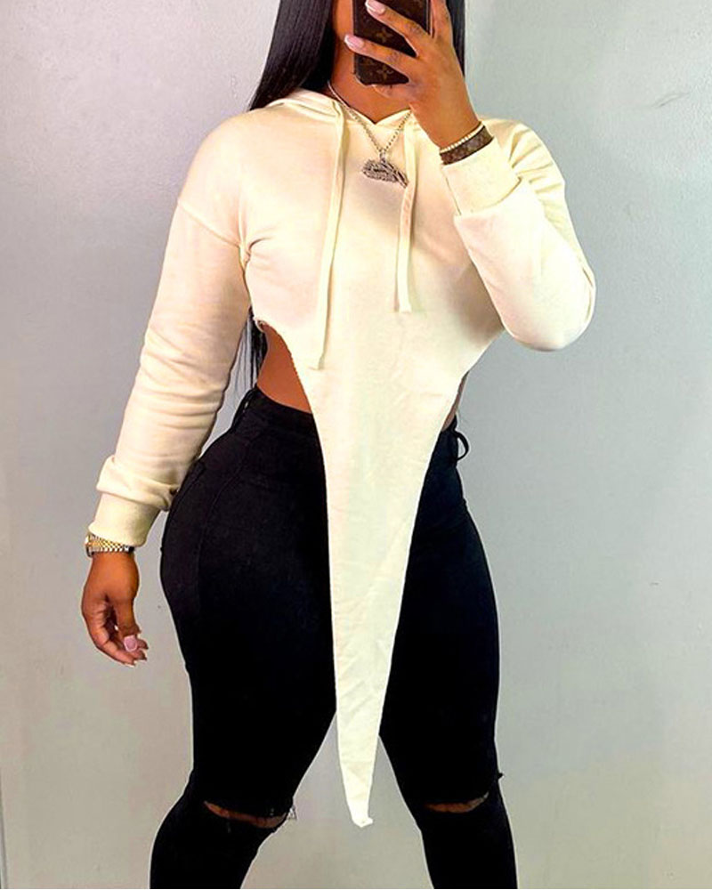 

Long Sleeve Asymmetrical Crop Drawstring Hoodie, Apricot