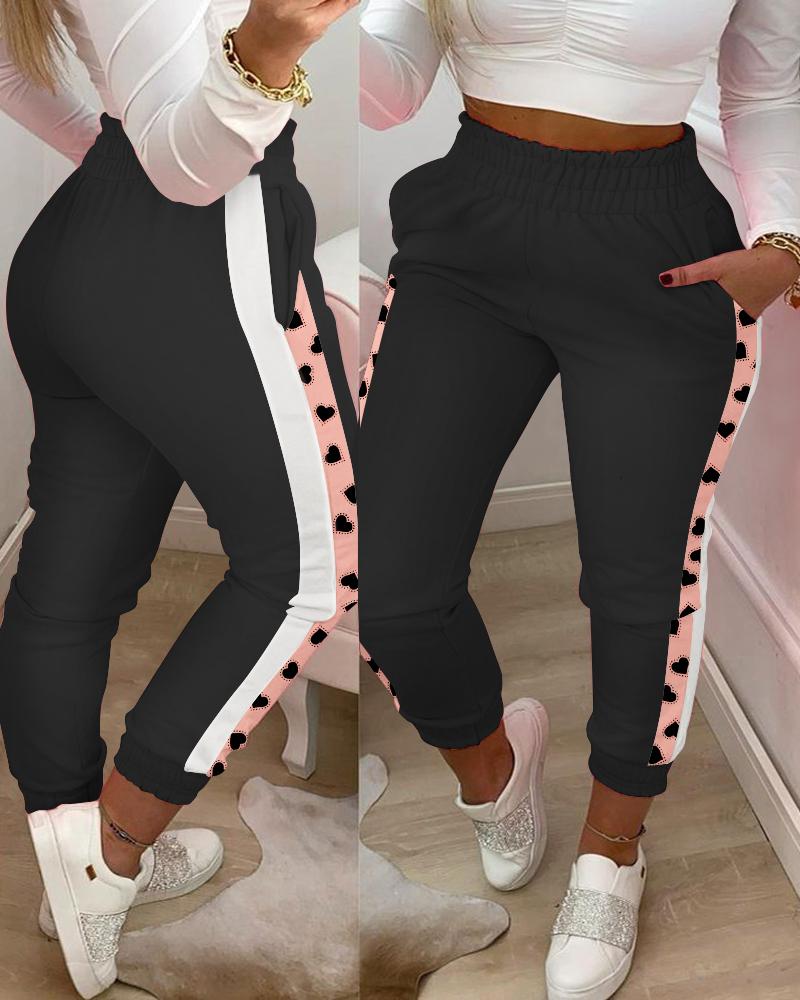

Striped Heart Print Colorblock Pocket Design Casual Pants, Black