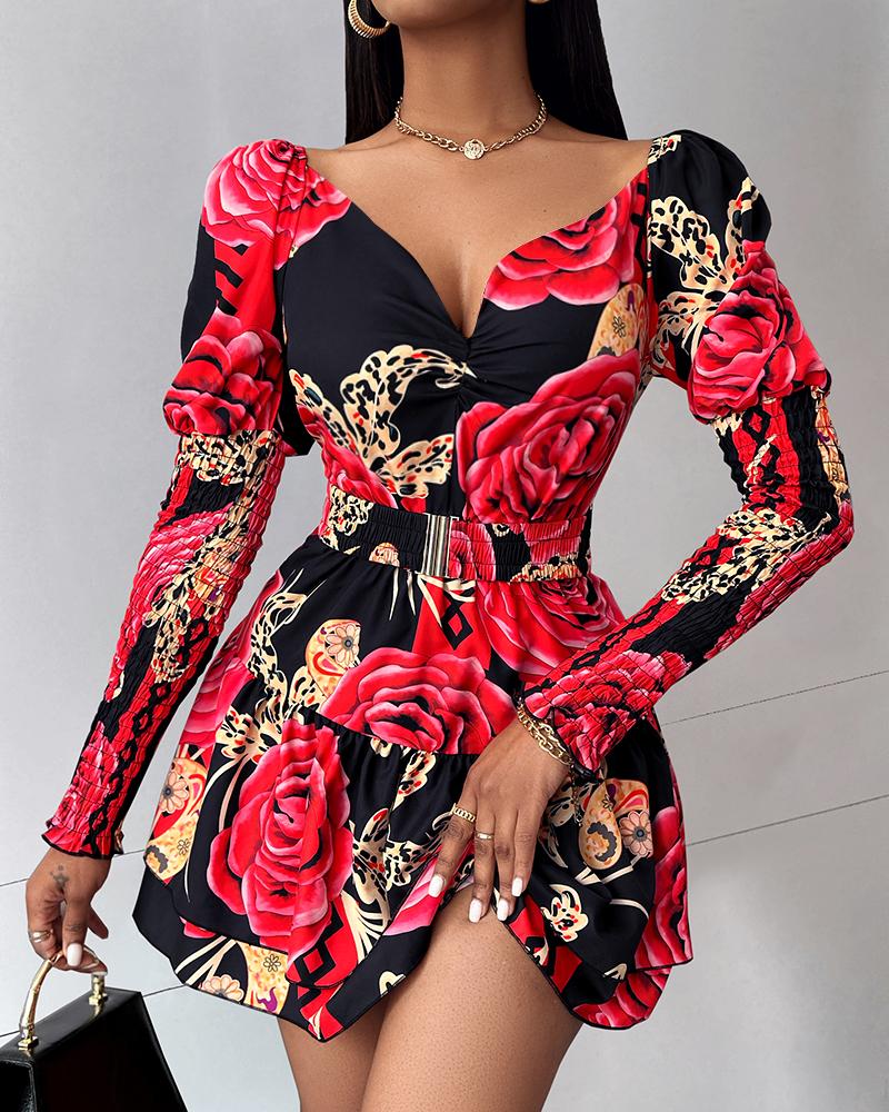 

Floral Print Shirred Layered Dress, Black