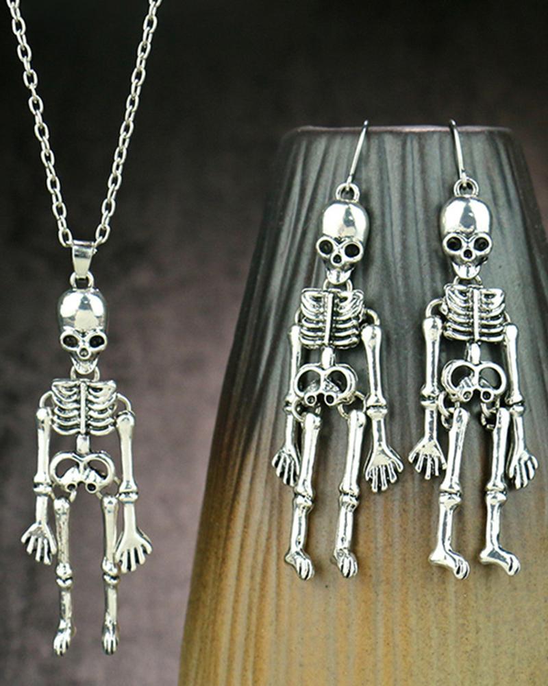 

2PCS Halloween Skeleton Pendant Necklace & Hook Earrings Jewelry Set, Silver