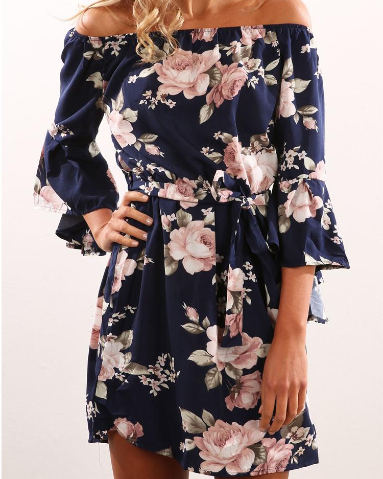 

Flare Sleeve Floral Print Mini Women Dress, Blue