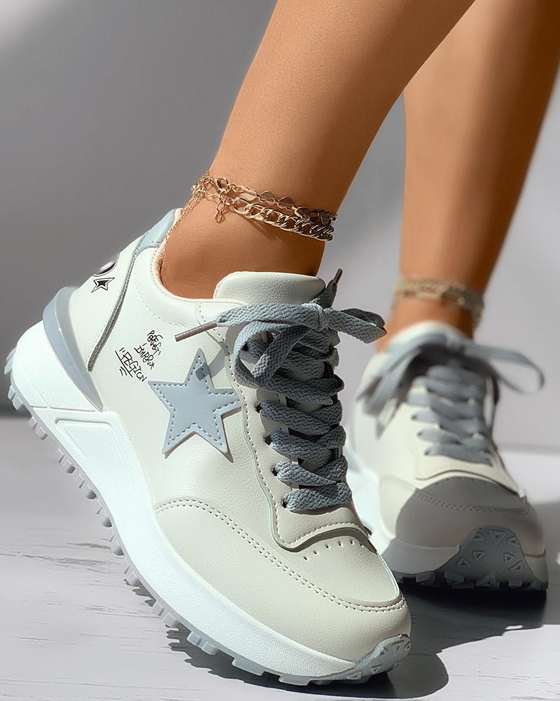 

Star Pattern Lace-up Muffin Sneakers, White&gray