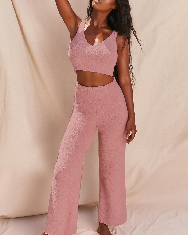 

Fluffy Tank Crop Top & High Waist Pants Set, Pink